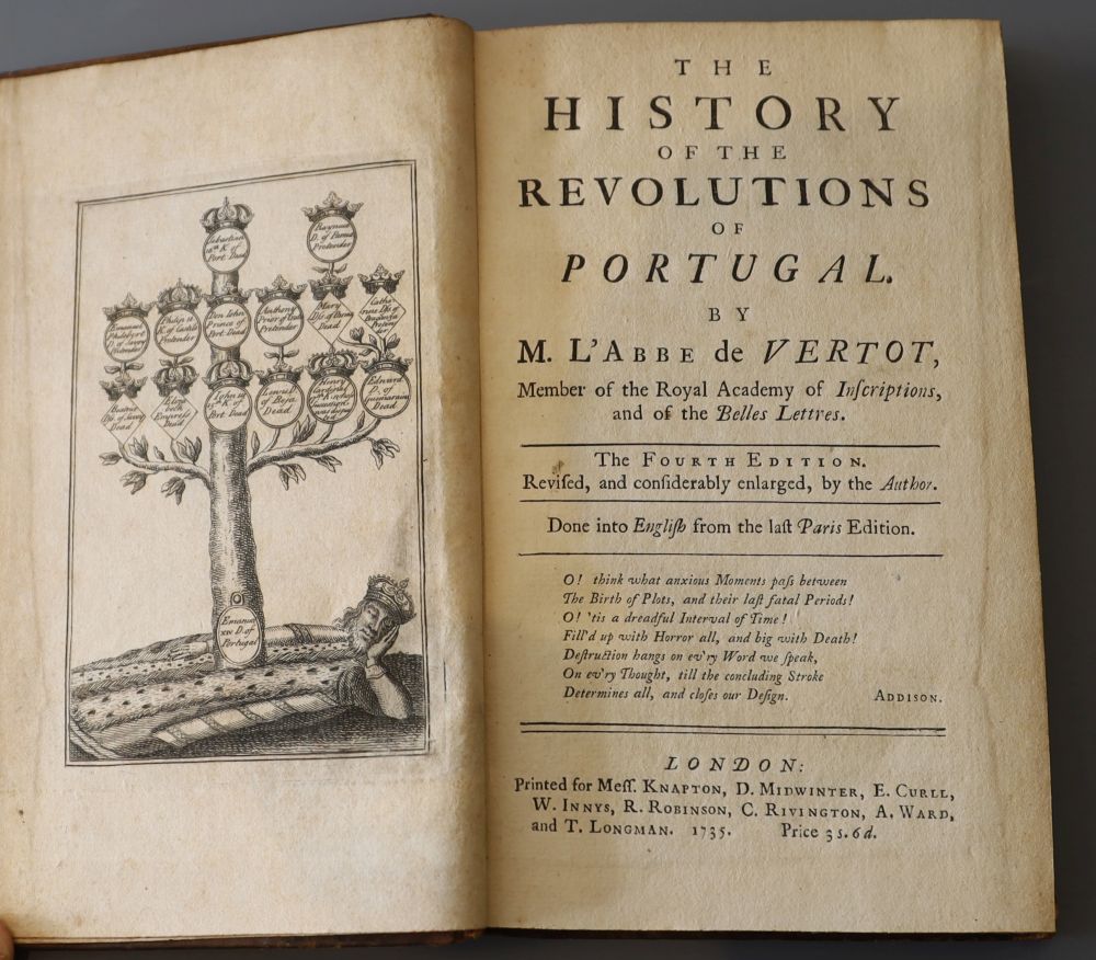 Vertot, Rene Aubert de - Histoire des Revolutions de Portugal, 4th edition, calf, 12mo, Antoine Van Dole, A La Haye, 1734;